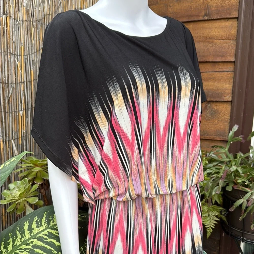 Maggy London Black Dress with Vibrant Pattern- Lined batwing flattering slipover - Picture 3 of 10